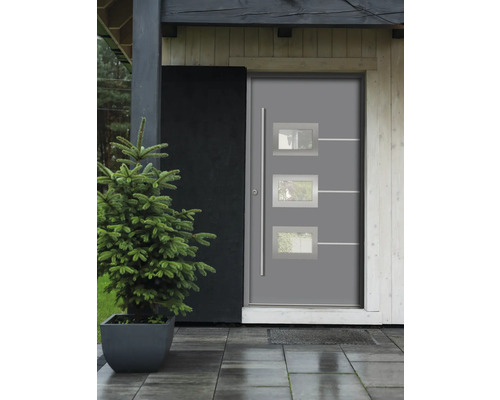 Moderne Haustür mit Glaseinsätzen und einem schlanken Griff.