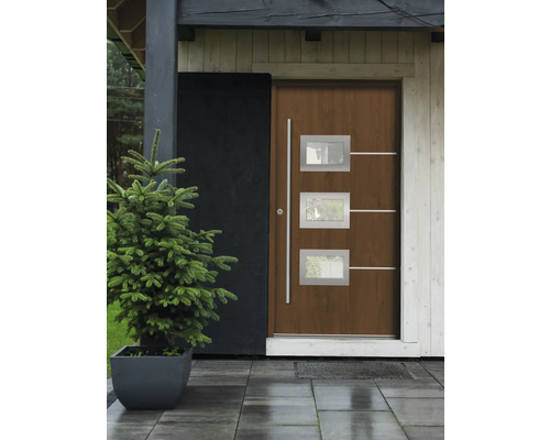 Hauseingang mit Haustür, Seitenwand und Pflanze