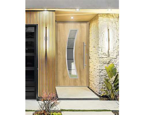 Moderne Haustür mit Glaseinsatz und Edelstahlgriff
