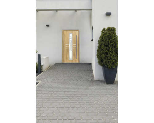 Moderne Haustür aus Holz mit Glaseinsatz vor einem Haus