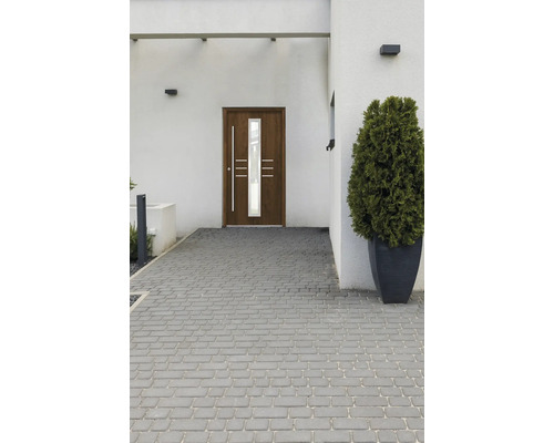 Haustür mit Glaseinsatz und Pflastersteineinfahrt