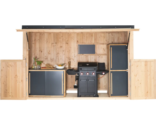 Holzküche mit Grill, Arbeitsfläche und Stauraum