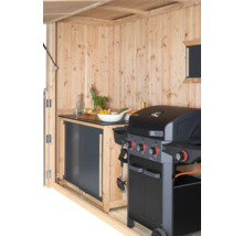 Gartenküche aus Holz mit Grill und Arbeitsfläche