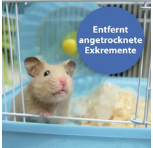 Hamster im Käfig mit Text: Entfernt angetrocknete Exkremente
