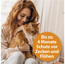 Frau hält Katze mit Hinweis auf bis zu 4 Monate Schutz vor Zecken und Flöhen