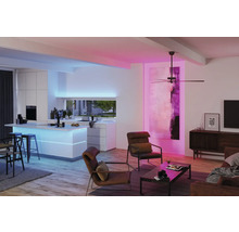 Wohnzimmer mit Deckenventilator, Küche mit Kücheninsel und LED-Beleuchtung