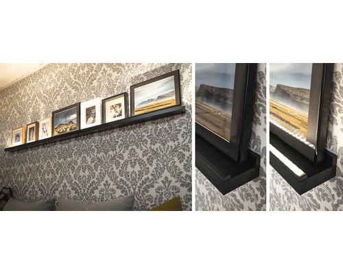 Wandregal mit Bilderrahmen an gemusterter Wand