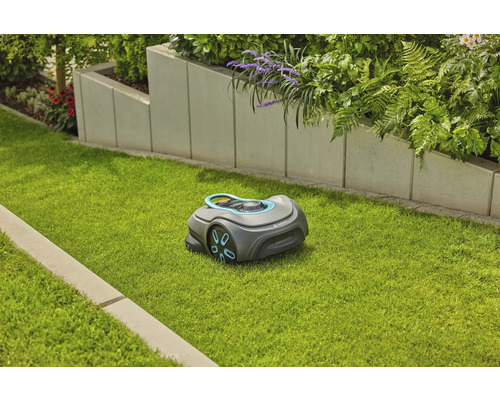 Rasenmähroboter auf einer Rasenfläche vor einem Garten