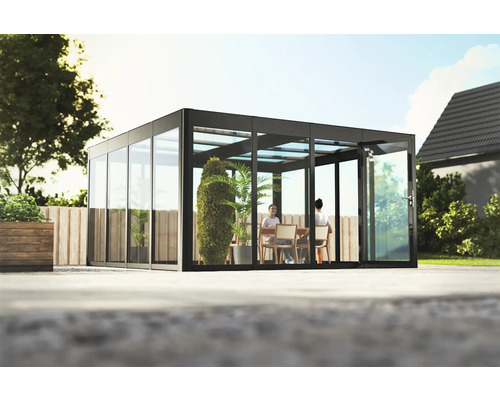 Gewächshaus SunGarden Infinity 4.4 Kunststoff 6 mm 443 x 443 cm anthrazit Moderner Pavillon mit Glaswänden und Sitzbereich im Garten