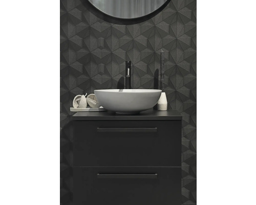 Modernes Badezimmer mit schwarzem Waschtischunterschrank und Aufsatzwaschbecken