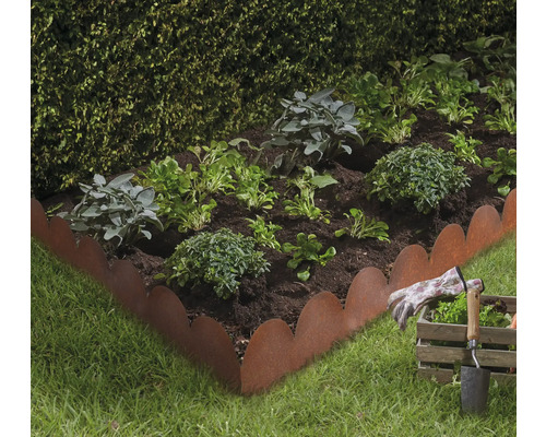 Beeteinfassung Rasenkante Move Stärke 0,5 mm 500 x 23,75 cm Corten Beet mit Pflanzen, Beetumrandung aus Metall, Gartengeräte und Handschuhe