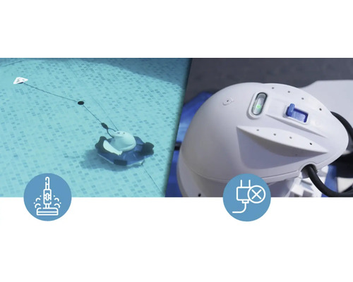 Poolreinigungsroboter im Schwimmbad mit zugehöriger Stromversorgung