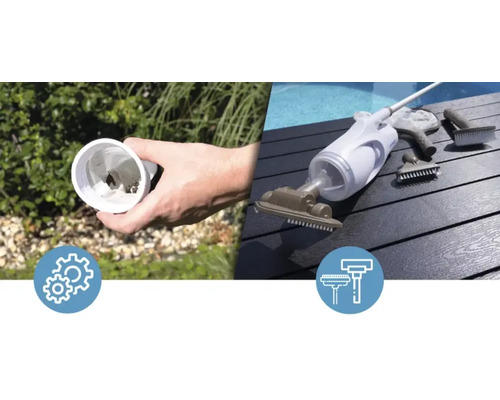 Poolreinigungsgerät mit Zubehör und Schmutz im Filter