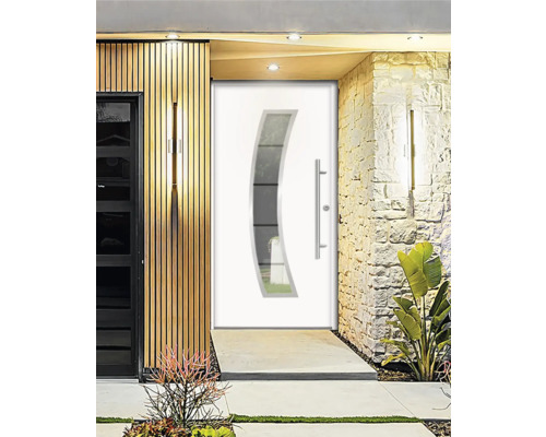 Moderne Haustür mit Glaseinsatz und Edelstahlgriff