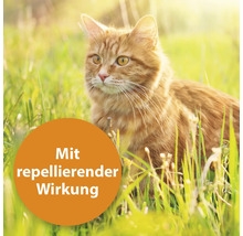 Eine rote Katze liegt im Gras, mit dem Hinweis: Mit repellierender Wirkung.