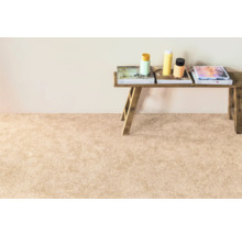 Beige Teppichfläche mit Holzbank, Büchern und Flaschen