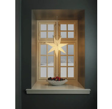 Festliche Fensterdekoration mit beleuchtetem Stern, Obstschale und Blick auf eine Winterlandschaft