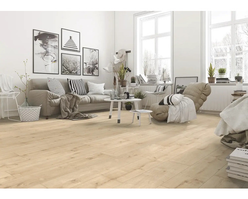 Heller Wohnraum mit Laminatboden, Sofa und Dekorationen