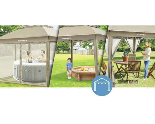 Marimex Pavillon mit Familie im Whirlpool, Kind im Sandkasten und Frau mit Gartengarnitur