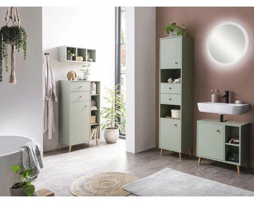 Badezimmer mit Waschbecken, Spiegelschrank, Hochschrank und Unterschrank für eine stilvolle Einrichtung