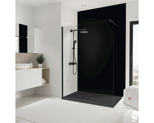 Modernes Badezimmer mit schwarzer Duschkabine, Waschtisch und weißem Teppich