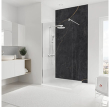 Badezimmer mit Duschkabine, Waschbecken und schwarzen Marmorfliesen