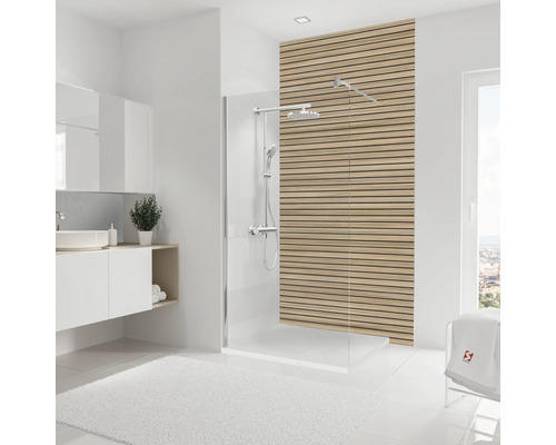 Helles Badezimmer mit Dusche, Waschtisch und Holzverkleidung