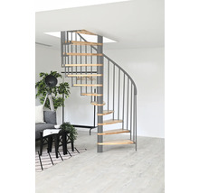 Wendeltreppe mit Holzstufen und Metallgeländer in einem hellen Raum.