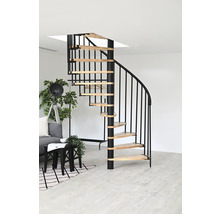 Wendeltreppe aus Holz und Metall in einem hellen Wohnraum.