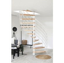 Wendeltreppe mit Holzstufen und weißem Geländer in einem hellen Wohnraum