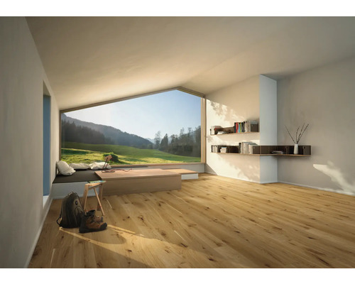 Heller Raum mit Holzfußboden, Bücherregalen und großem Fenster mit Blick auf eine grüne Landschaft