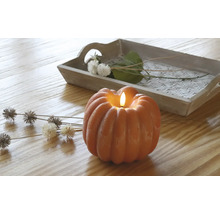 Dekorative Kürbiskerze mit Tablett und floralen Akzenten auf einem Holztisch