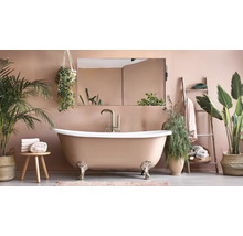 Badezimmer mit freistehender Badewanne, Spiegel und Pflanzen für eine entspannende Atmosphäre