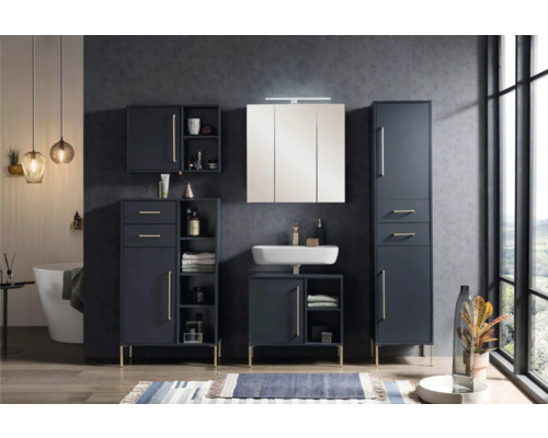 Badezimmer-Set mit Waschtisch, Spiegelschrank und Hochschränken für eine stilvolle Badeinrichtung