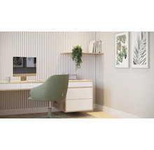 Büroszene mit Schreibtisch, Bürostuhl, Computer, Pflanze und Wanddekoration für eine Arbeitsatmosphäre