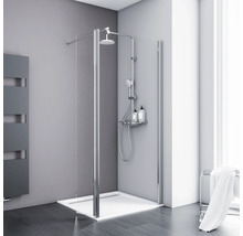 Dusche mit Glaswand, Duschkopf und Ablage im Badezimmer