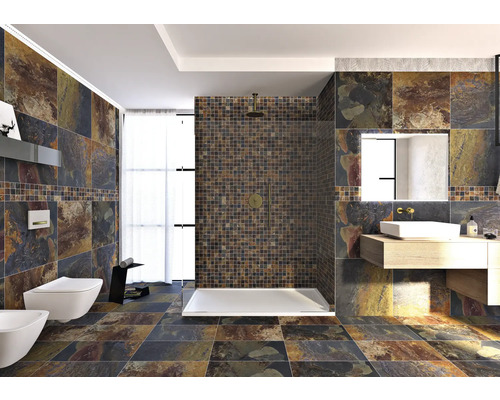 Modernes Badezimmer mit Fliesen in Steinoptik, Dusche und Waschtisch