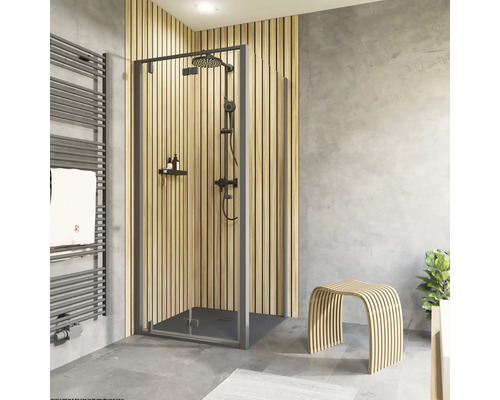 Drehfalttür mit Seitenwand Schulte Trend 2.0 900x2000 mm Echtglas Klar hell schwarz Seitenwandanschlag rechts Türanschlag links Badezimmer mit Dusche, Duschhocker und Handtuchwärmer