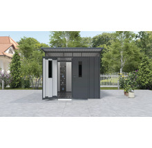 Metall Gerätehaus mit teilweise geöffneten Türen im Außenbereich.