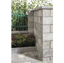 Detailansicht einer Gartenmauer aus Betonsteinen mit Zaun und Bepflanzung
