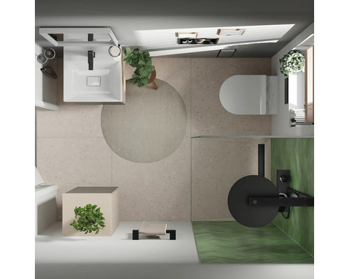 Draufsicht eines Badezimmers mit Waschbecken, Toilette und grünen Akzenten
