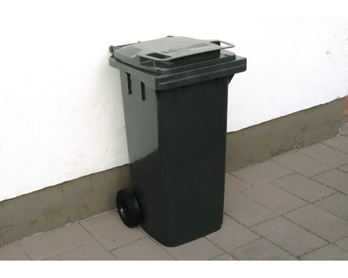 Graue Mülltonne mit Rädern und Deckel