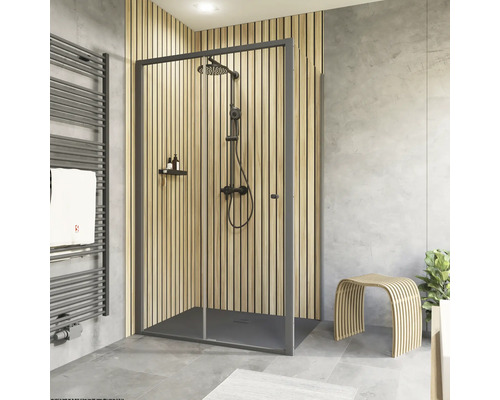 Schiebetür mit Seitenwand Schulte Trend 2.0 1600x900x2000 mm Echtglas Klar hell schwarz Seitenwandanschlag rechts Türanschlag links Badezimmer mit Dusche, Handtuchwärmer und Hocker