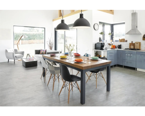 Helles Wohnzimmer mit Esstisch, Stühlen und Küchenzeile für ein geräumiges Ambiente