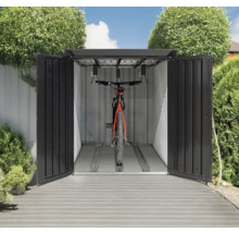 Geöffnete Fahrradgarage mit Fahrradabstellsystem