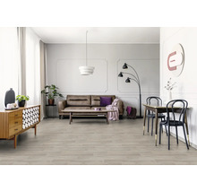 Wohnzimmer mit Bodenbelag in Holzoptik, Sofa und Esstisch