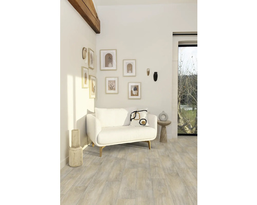 Wohnzimmer mit weißem Sofa, Wandbildern und Holzboden