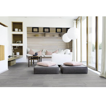 Helles Wohnzimmer mit grauer Diele, Sitzkissen, Sofa und Regalen