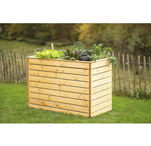 Hochbeet aus Holz mit Salatpflanzen im Garten