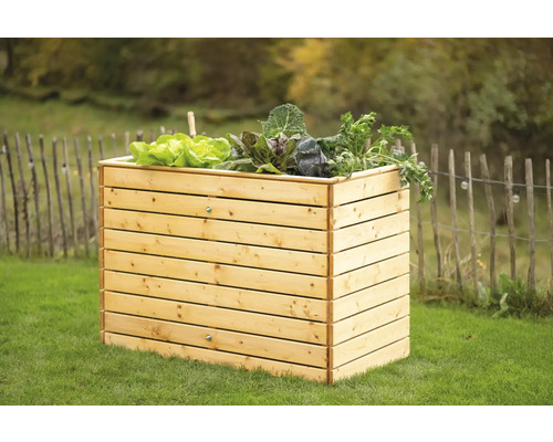 Hochbeet aus Holz mit Salatpflanzen im Garten